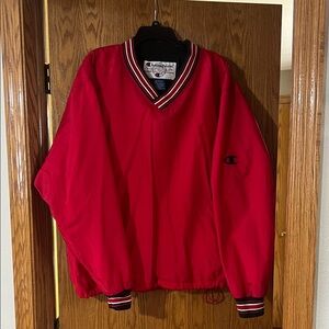 Champion Red V-Neck Pullover with Striped Trim